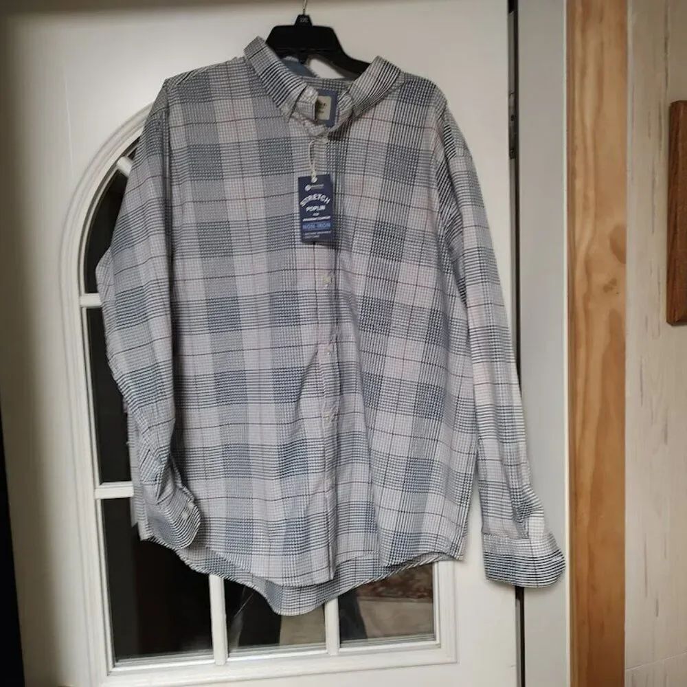 New Haggar Stretch Poplin Blue Multi-Color Plaid Long Sleeve Button Down Mens XL